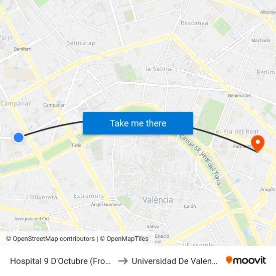 Hospital 9 D'Octubre (Front) to Universidad De Valencia map