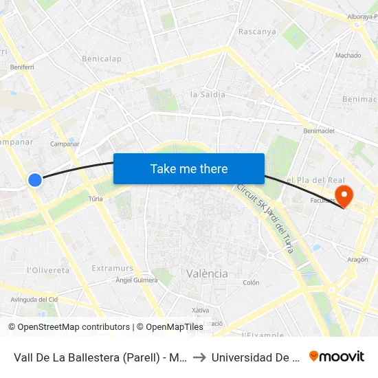 Vall De La Ballestera (Parell) - Mestre Rodrigo to Universidad De Valencia map