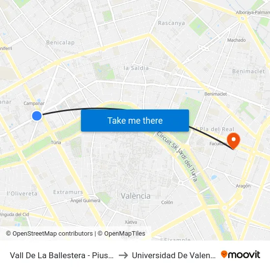 Vall De La Ballestera - Pius XII to Universidad De Valencia map