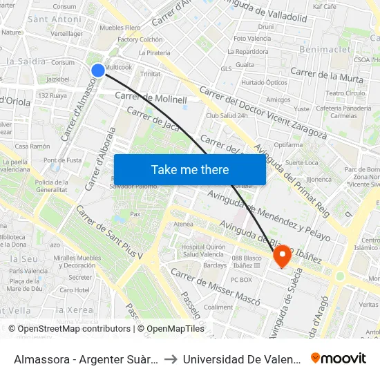 Almassora - Argenter Suàrez to Universidad De Valencia map