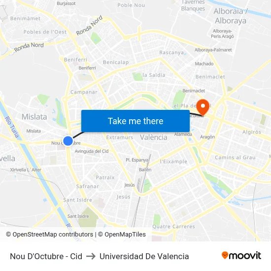 Nou D'Octubre - Cid to Universidad De Valencia map