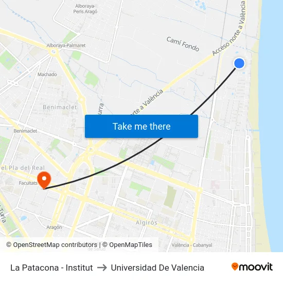 La Patacona - Institut to Universidad De Valencia map
