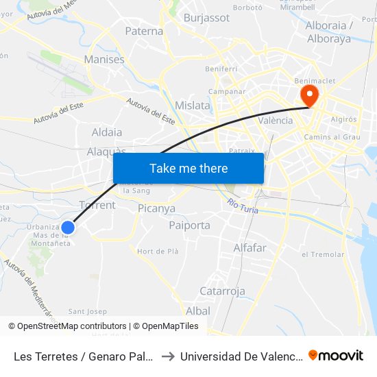Les Terretes / Genaro Palau to Universidad De Valencia map