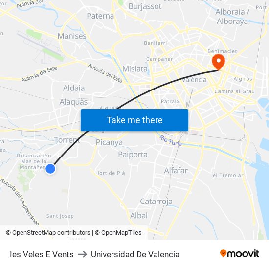 Ies Veles E Vents to Universidad De Valencia map