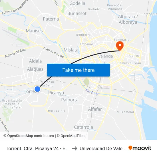 Torrent. Ctra. Picanya 24 (El Molí) to Universidad De Valencia map