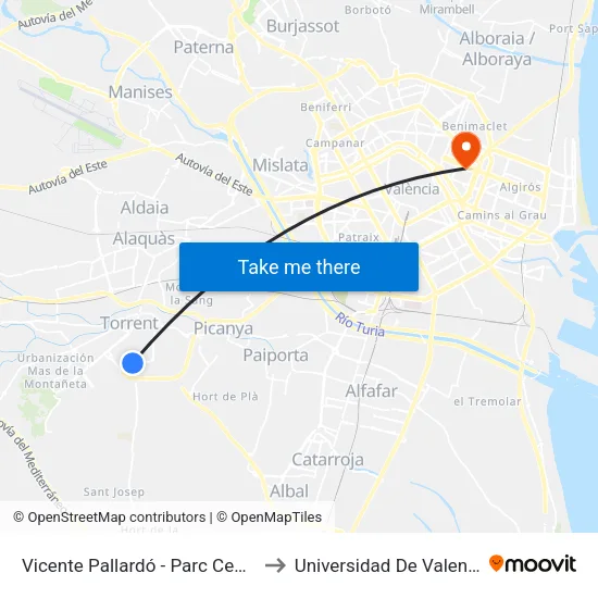 Vicente Pallardó - Parc Central to Universidad De Valencia map