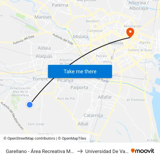 Garellano - Área Recreativa Marxadella to Universidad De Valencia map