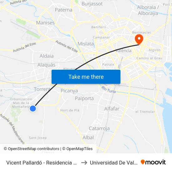 Vicent Pallardó - Residencia 3ª Edad to Universidad De Valencia map