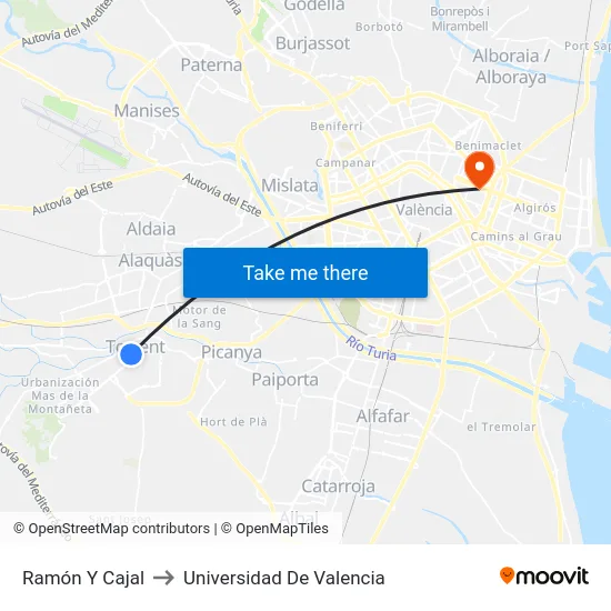 Ramón Y Cajal to Universidad De Valencia map