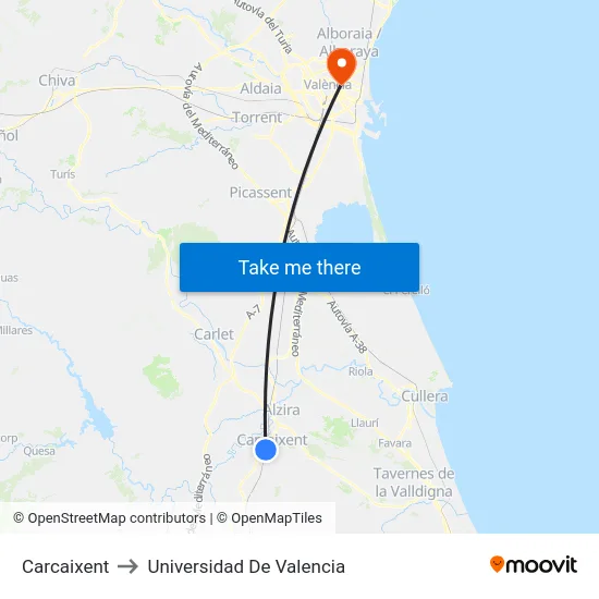 Carcaixent to Universidad De Valencia map