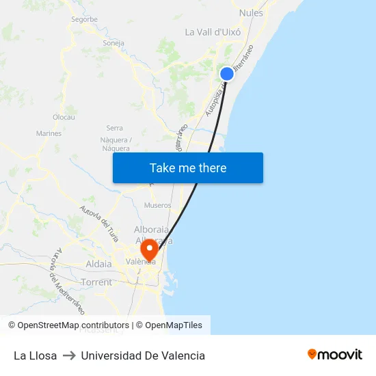 La Llosa to Universidad De Valencia map