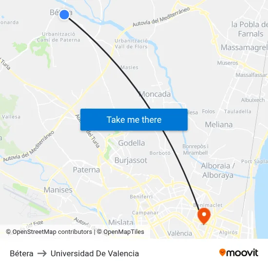 Bétera to Universidad De Valencia map