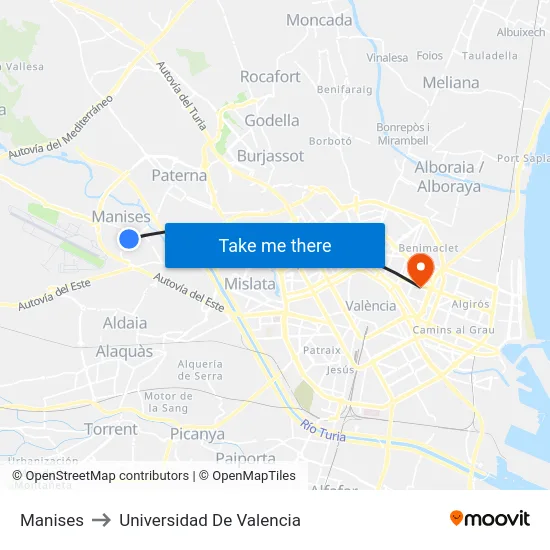 Manises to Universidad De Valencia map