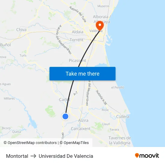 Montortal to Universidad De Valencia map