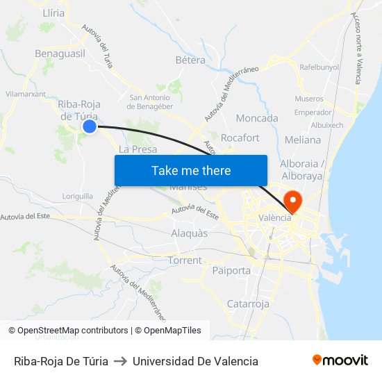 Riba-Roja De Túria to Universidad De Valencia map