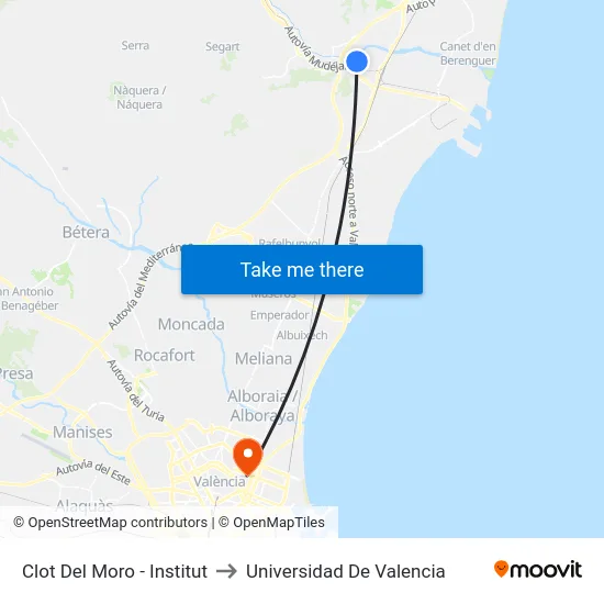 Clot Del Moro - Institut to Universidad De Valencia map