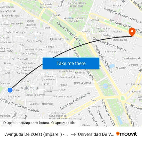 Avinguda De L'Oest (Imparell) - Sant Agustí to Universidad De Valencia map