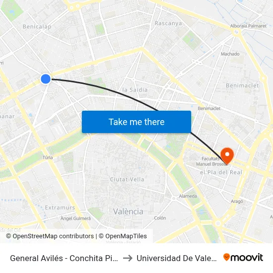 General Avilés - Conchita Piquer to Universidad De Valencia map
