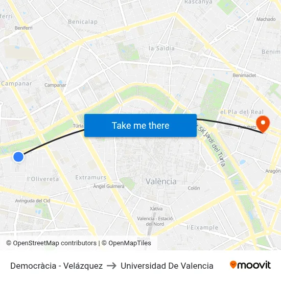 Democràcia - Velázquez to Universidad De Valencia map