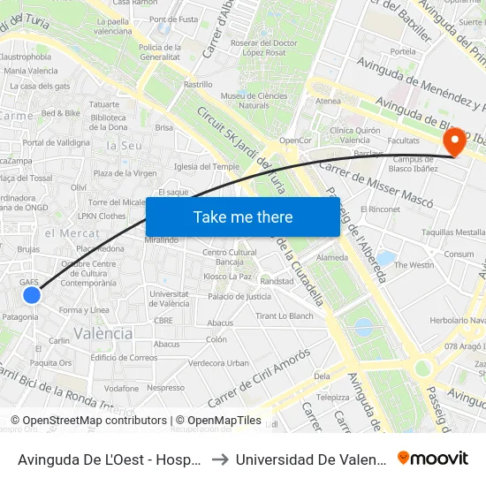 Avinguda De L'Oest - Hospital to Universidad De Valencia map