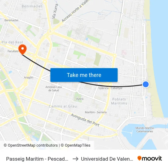 Passeig Marítim - Pescadors to Universidad De Valencia map