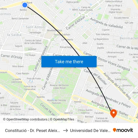 Constitució - Dr. Peset Aleixandre to Universidad De Valencia map