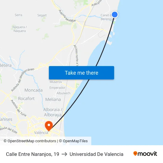 Calle Entre Naranjos, 19 to Universidad De Valencia map