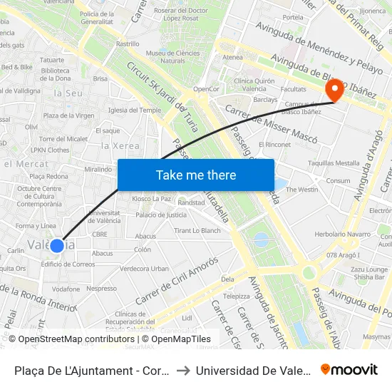 Plaça De L'Ajuntament - Correus to Universidad De Valencia map