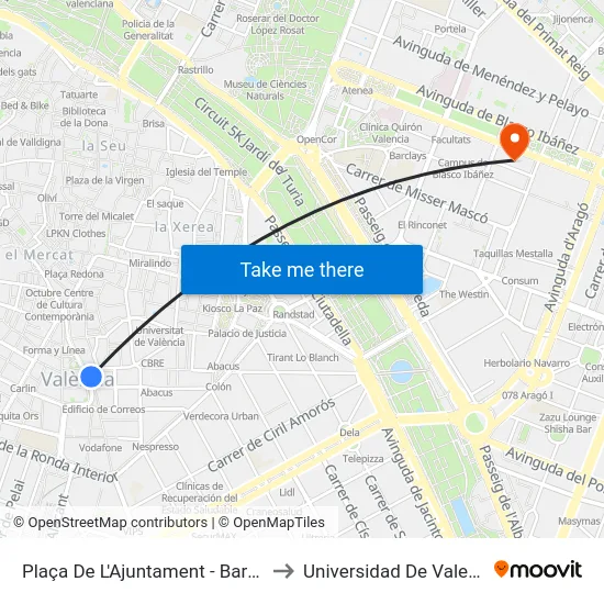Plaça De L'Ajuntament - Barques to Universidad De Valencia map
