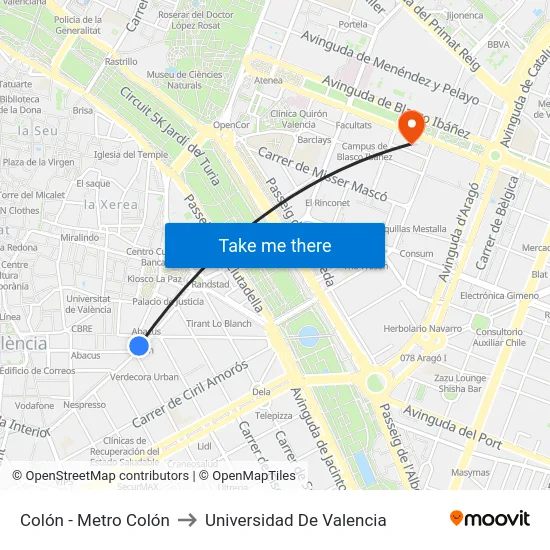 Colón - Metro Colón to Universidad De Valencia map