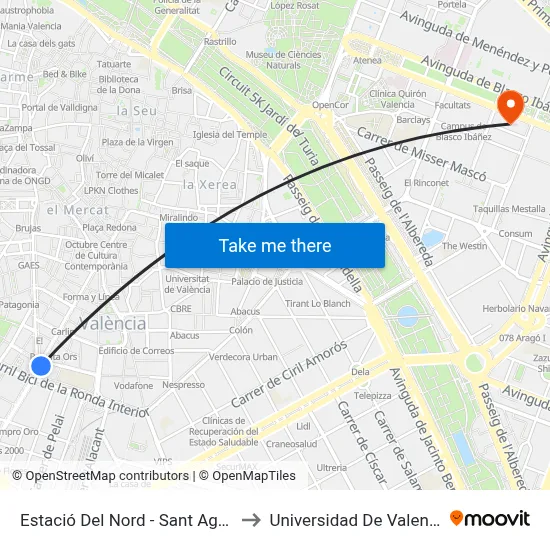 Estació Del Nord - Sant Agustí to Universidad De Valencia map