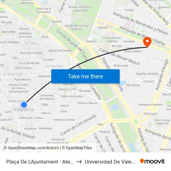 Plaça De L'Ajuntament - Ateneu to Universidad De Valencia map