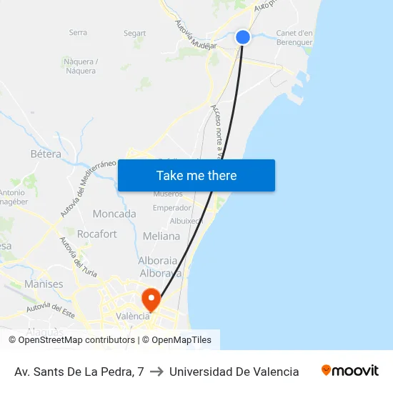 Av. Sants De La Pedra, 7 to Universidad De Valencia map