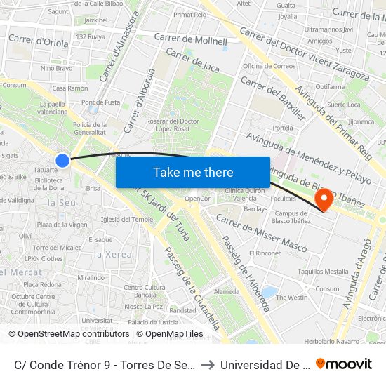 C/ Conde Trénor 9 - Torres De Serrano [València] to Universidad De Valencia map
