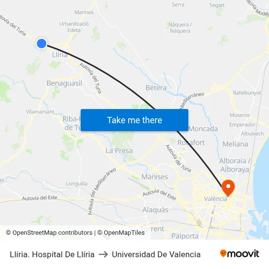 Llíria. Hospital De Llíria to Universidad De Valencia map