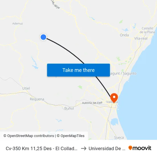 Cv-350 Km 11,25 Des - El Collado (A Demanda) to Universidad De Valencia map