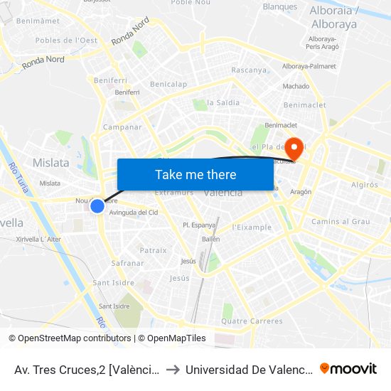 Av. Tres Cruces,2 [València] to Universidad De Valencia map