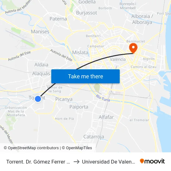 Torrent. Dr. Gómez Ferrer 23 to Universidad De Valencia map