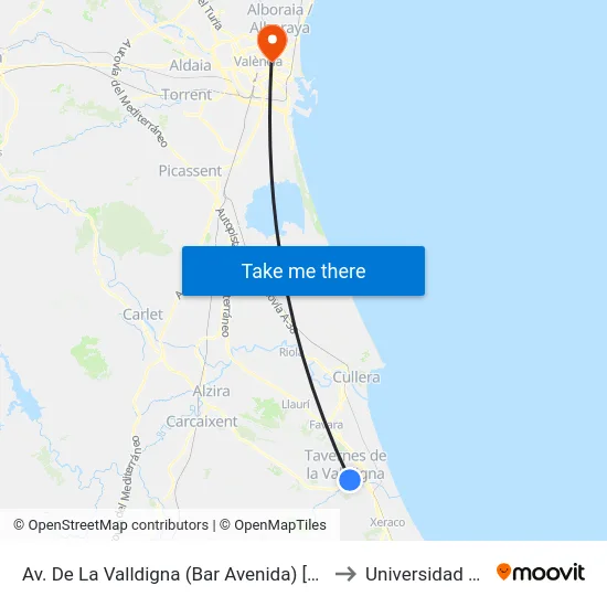 Av. De La Valldigna (Bar Avenida) [Tavernes De La Valldigna] to Universidad De Valencia map