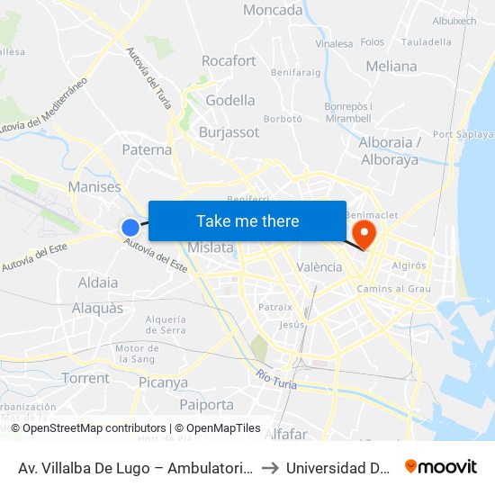 Av. Villalba De Lugo – Ambulatori [Quart De Poblet] to Universidad De Valencia map