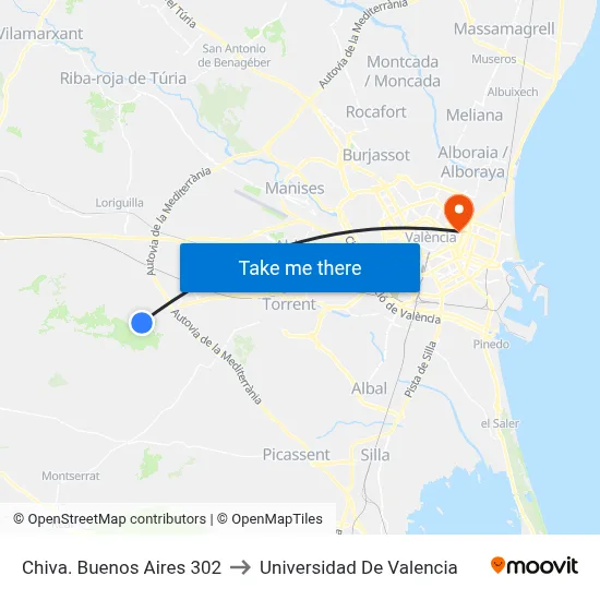 Chiva. Buenos Aires 302 to Universidad De Valencia map