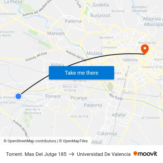 Torrent. Mas Del Jutge 185 to Universidad De Valencia map