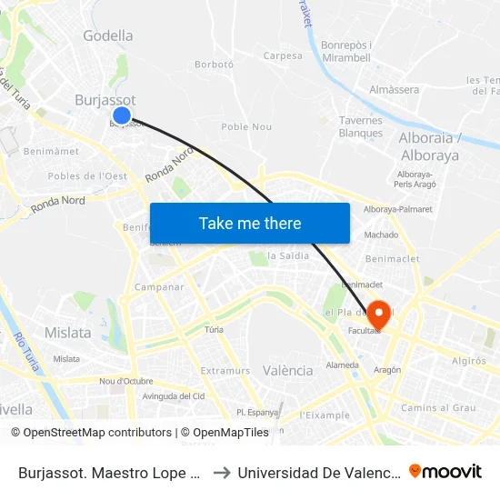 Burjassot. Maestro Lope 53 to Universidad De Valencia map