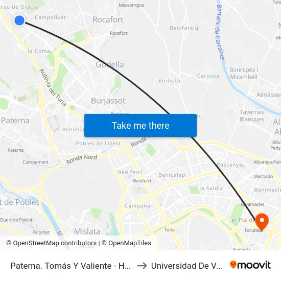 Paterna. Tomás Y Valiente - Heron City I to Universidad De Valencia map