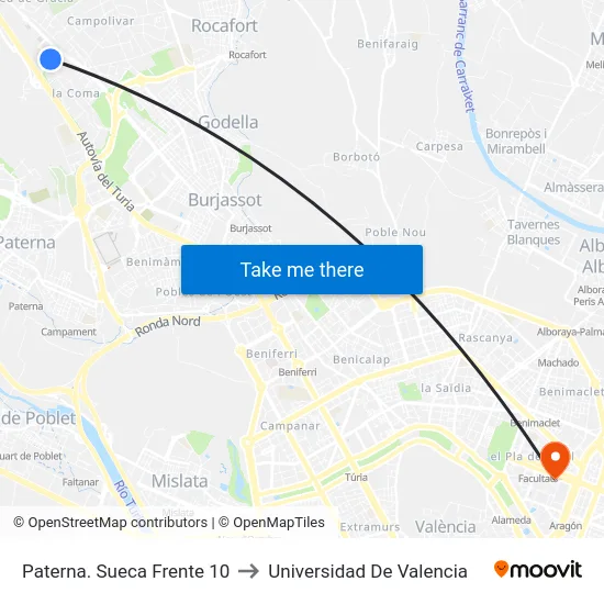 Paterna. Sueca Frente 10 to Universidad De Valencia map