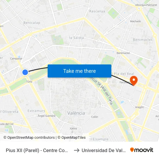 València. Pius XII (Parell) - Centre Comercial to Universidad De Valencia map
