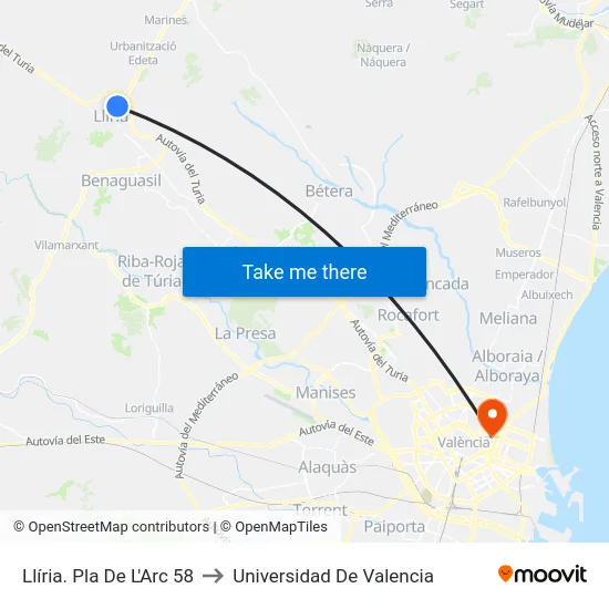 Llíria. Pla De L'Arc 58 to Universidad De Valencia map