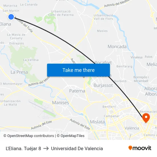 L'Eliana. Tuéjar 8 to Universidad De Valencia map