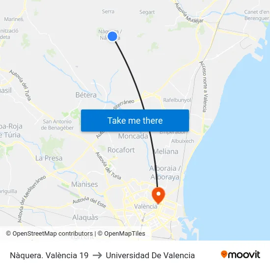 Nàquera. València 19 to Universidad De Valencia map
