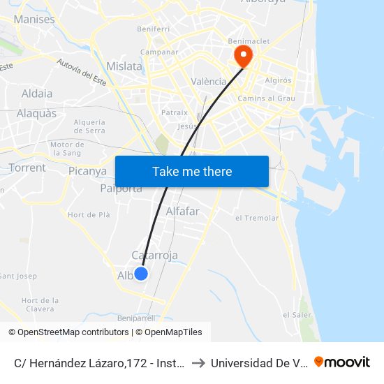 C/ Hernández Lázaro,172 - Instituto [Albal] to Universidad De Valencia map